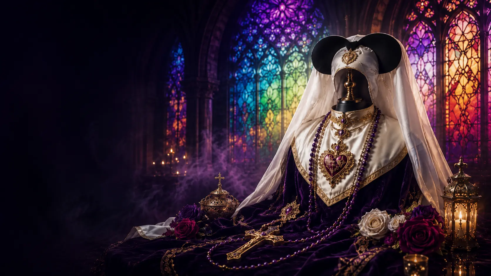 The Orlando Sisters gathered in gothic-glam regalia before stained glass